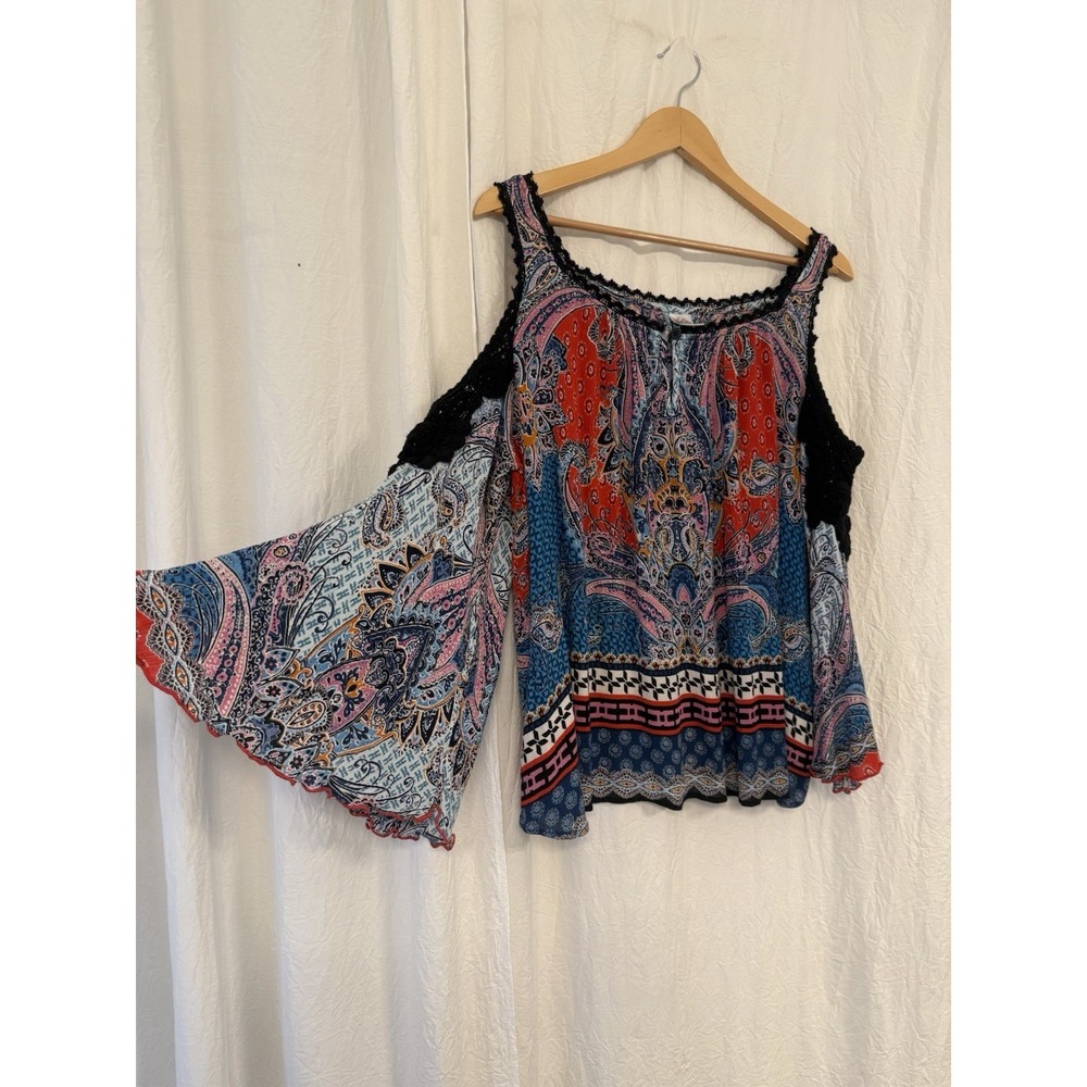 Bila Cold Shoulder Boho Top PXL– Multicolor Paisley Print, Crochet Trim Petite - Picture 2 of 12